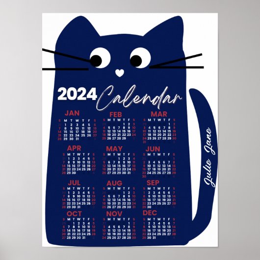 2024 Jaar Maandelijkse Kalender Mid-Century Blue C Poster (Voorkant)
