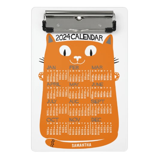 2024 Jaar Maandelijkse Kalender Midden-Eeuw Oranje Mini Klembord (Voorkant)