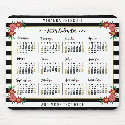 2024 Jaar Maandelijkse Kalender | Preppy bloemenst Muismat (Voorkant)