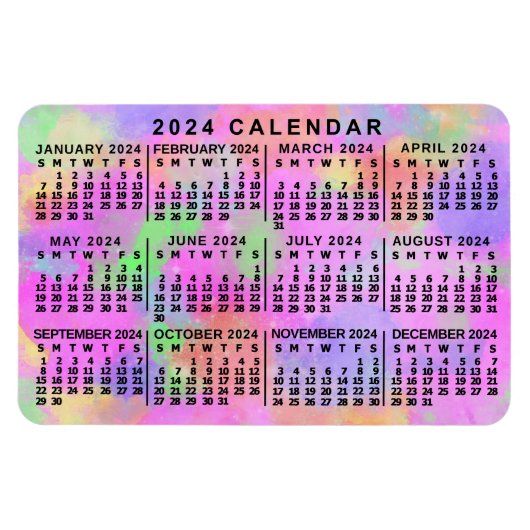 2024 Jaar Maandelijkse Kalender Regenboog Splatter Magneet (Horizontaal)