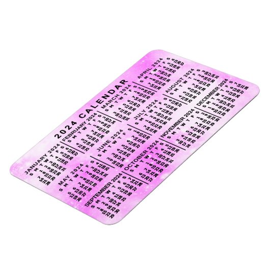 2024 Jaar Maandelijkse Kalender Roze Waterverf Ste Magneet (Linkerzijde)