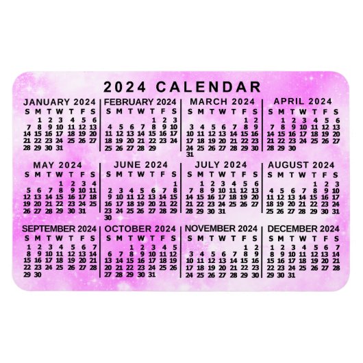 2024 Jaar Maandelijkse Kalender Roze Waterverf Ste Magneet (Horizontaal)