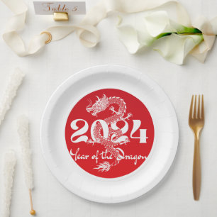 2024 jaar van de draak rood wit papieren bordje