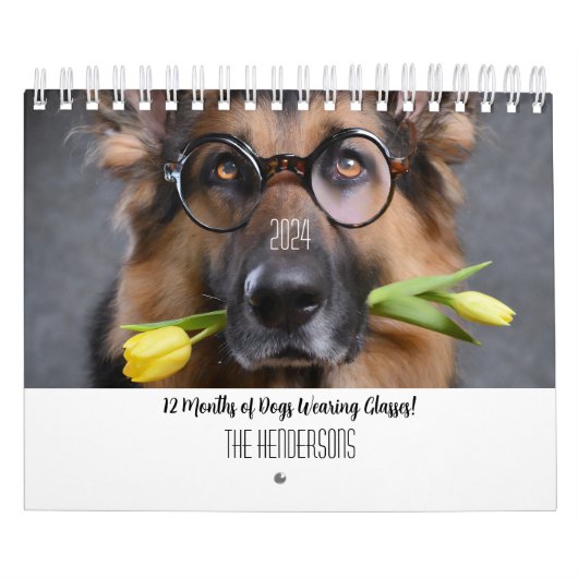 2024 Kalender 12 Maanden Honden Dragen Bril (Hoes)