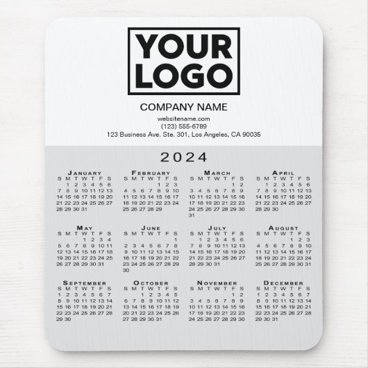 2024 Kalender Bedrijf Logo en Tekst Grijs Wit Muismat (Voorkant)
