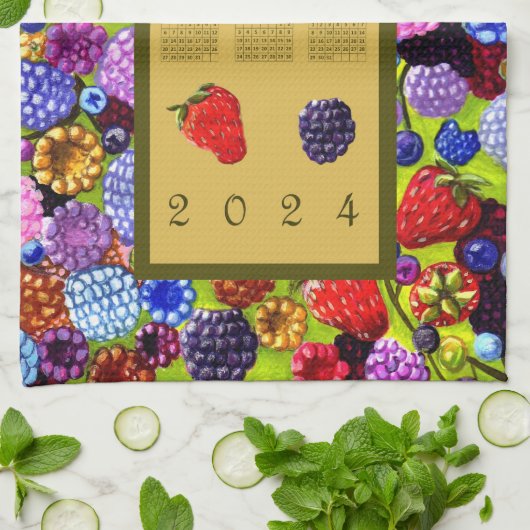 2024 Kalender Berries Border Blackberry Strawberry Theedoek (Gevouwen)