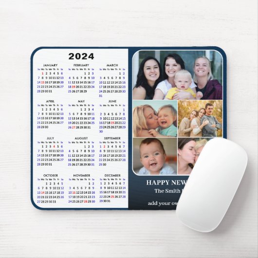 2024 Kalender Blauw Familie Fotocollage US Vakanti Muismat (Met muis)