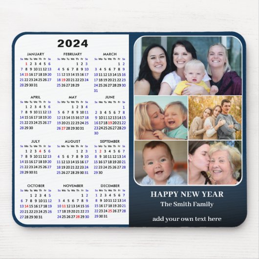 2024 Kalender Blauw Familie Fotocollage US Vakanti Muismat (Voorkant)