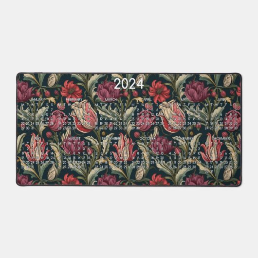 2024 Kalender Bloemen Floral Achtergrond Patroon Bureaumat (Voorkant)
