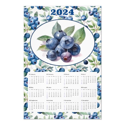 2024 Kalender  Blueberries Waterverf Foto Afdruk (Voorkant)