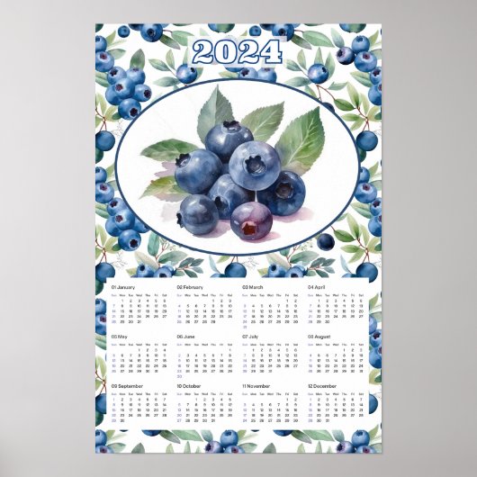 2024 Kalender  Blueberries Waterverf Poster (Voorkant)