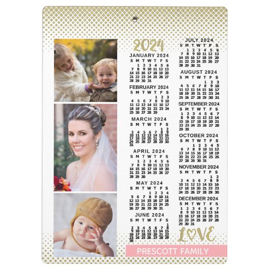 2024 Kalender Blush Roze Goud Familie Fotocollage Klembord (Achterkant)