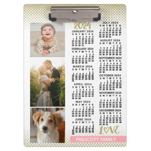 2024 Kalender Blush Roze Goud Familie Fotocollage Klembord