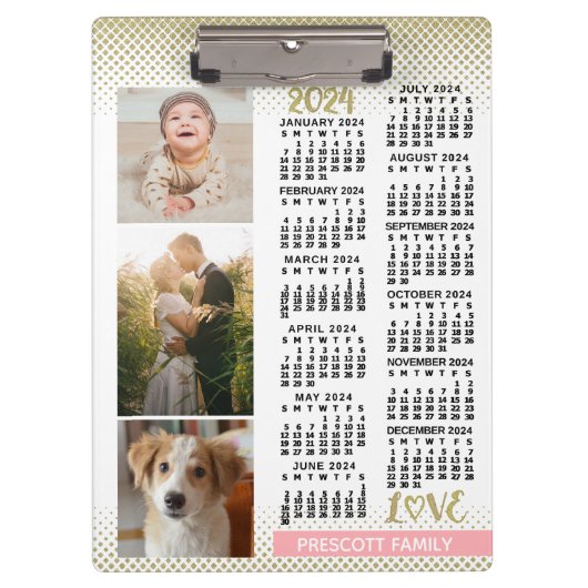 2024 Kalender Blush Roze Goud Familie Fotocollage Klembord (Voorkant)