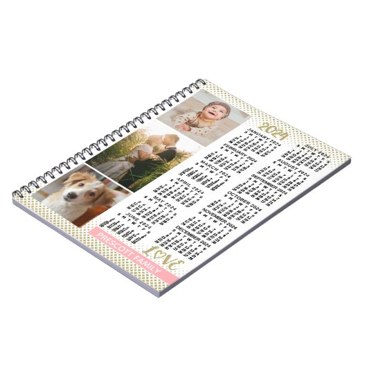 2024 Kalender Blush Roze Goud Familie Fotocollage Notitieboek (Linkerzijde)