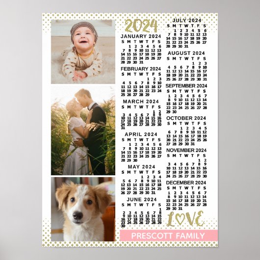 2024 Kalender Blush Roze Goud Familie Fotocollage Poster (Voorkant)