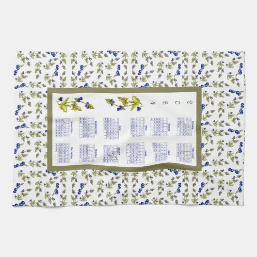 2024 Kalender Bosbessen Gestempelde Bladeren, wit Theedoek (Horizontaal)