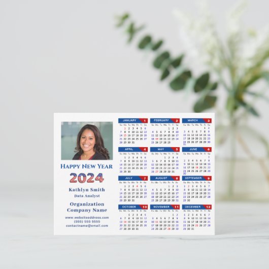 2024 Kalender Business Logo US Patriottisch Blauw  Feestdagenkaart (Staand voorkant)