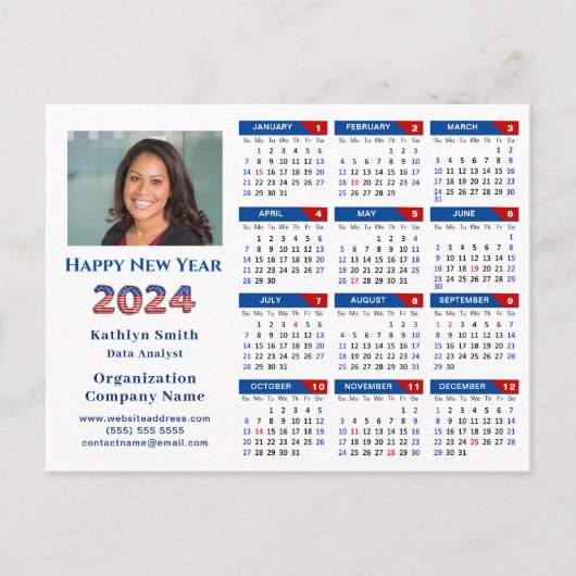 2024 Kalender Business Logo US Patriottisch Blauw Feestdagenkaart (Voorkant)