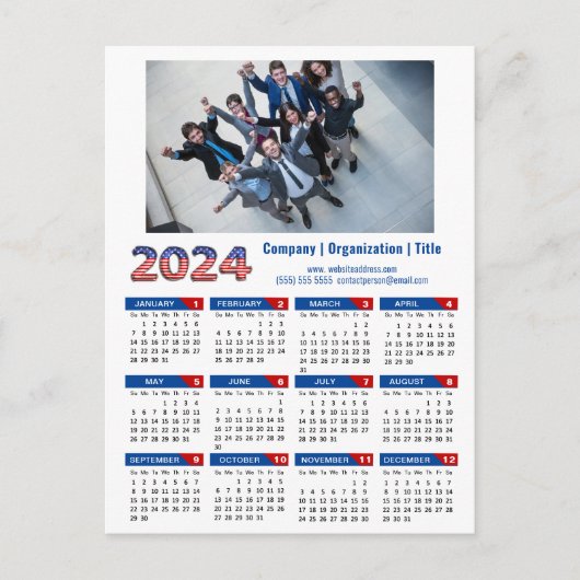 2024 Kalender Business Logo US Patriottisch Blauw  Feestdagenkaart (Voorkant)