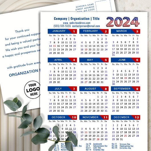 2024 Kalender Business Logo US Patriottisch Blauw  Feestdagenkaart