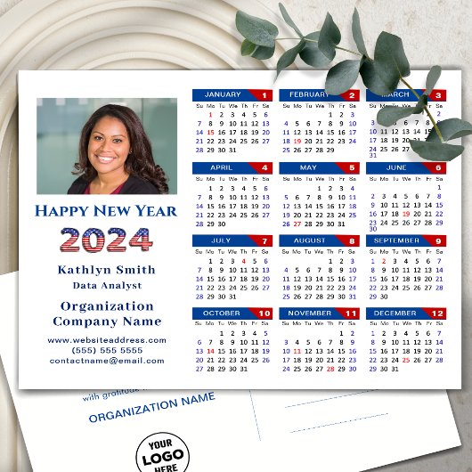 2024 Kalender Business Logo US Patriottisch Blauw  Feestdagenkaart