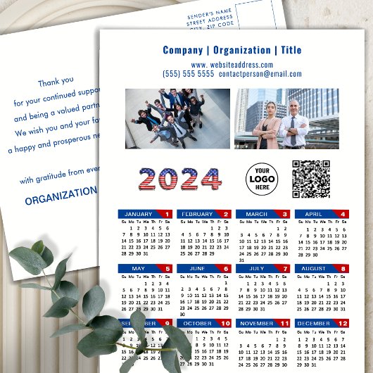 2024 Kalender Business Logo US Patriottisch Blauw  Feestdagenkaart