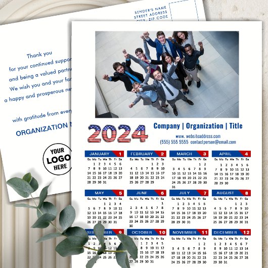 2024 Kalender Business Logo US Patriottisch Blauw  Feestdagenkaart