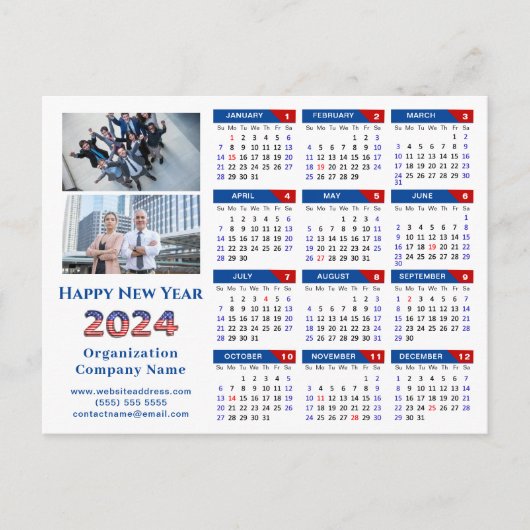 2024 Kalender Business Logo US Patriottisch Blauw  Feestdagenkaart (Voorkant)
