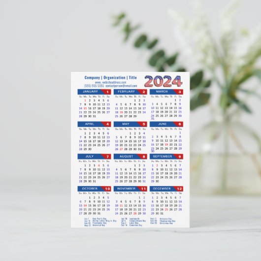 2024 Kalender Business Logo US Patriottisch Blauw  Feestdagenkaart (Staand voorkant)