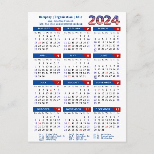 2024 Kalender Business Logo US Patriottisch Blauw  Feestdagenkaart (Voorkant)