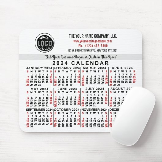 2024 Kalender Custom Business Logo Naam Wit Rood Muismat (Met muis)