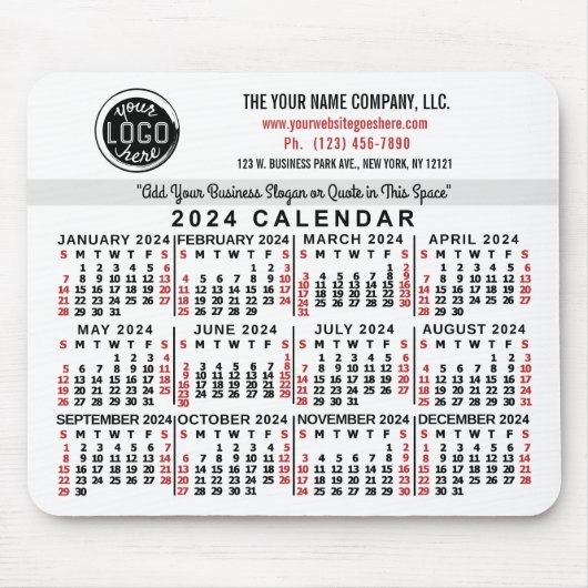 2024 Kalender Custom Business Logo Naam Wit Rood Muismat (Voorkant)