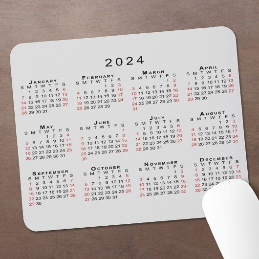 2024 Kalender Eenvoudig Grijs Zwart Rood Muismat