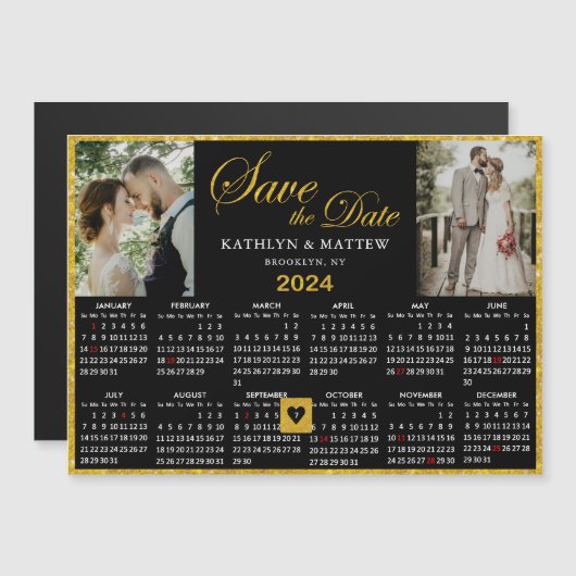 2024 Kalender Elegant Script 2 Foto Opslaan De Dat Magnetische Uitnodiging (Voorkant / Achterkant)