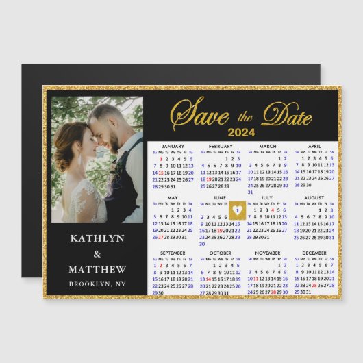 2024 Kalender Elegant Script Foto Opslaan De Datum Magnetische Uitnodiging (Voorkant / Achterkant)