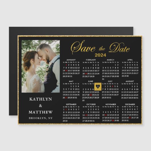 2024 Kalender Elegant Script Foto Opslaan De Datum Magnetische Uitnodiging (Voorkant / Achterkant)