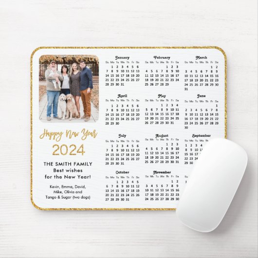 2024 Kalender Gold Glitter Script Family Foto Muismat (Met muis)