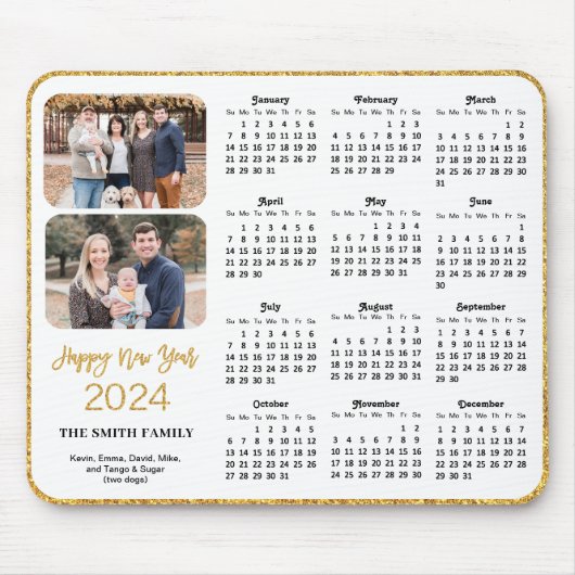 2024 Kalender Goud Glitter Script 2 Familie Foto Muismat (Voorkant)