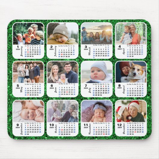 2024 Kalender groene glitter familie foto collage Muismat (Voorkant)