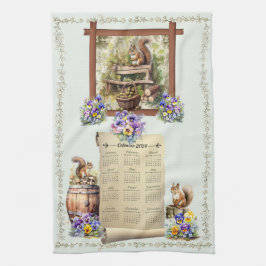 2024 Kalender Handdoek Eekhoorns Pansies Acorns Gr