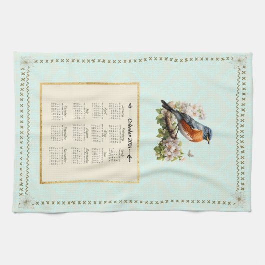 2024 Kalender Handdoek Robin Bird Aqua Damask (Horizontaal)