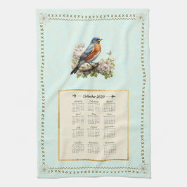 2024 Kalender Handdoek Robin Bird Aqua Damask