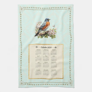 2024 Kalender Handdoek Robin Bird Aqua Damask
