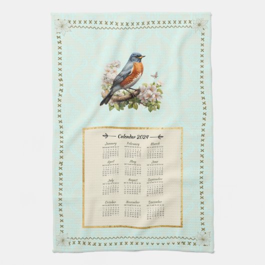 2024 Kalender Handdoek Robin Bird Aqua Damask (Verticaal)