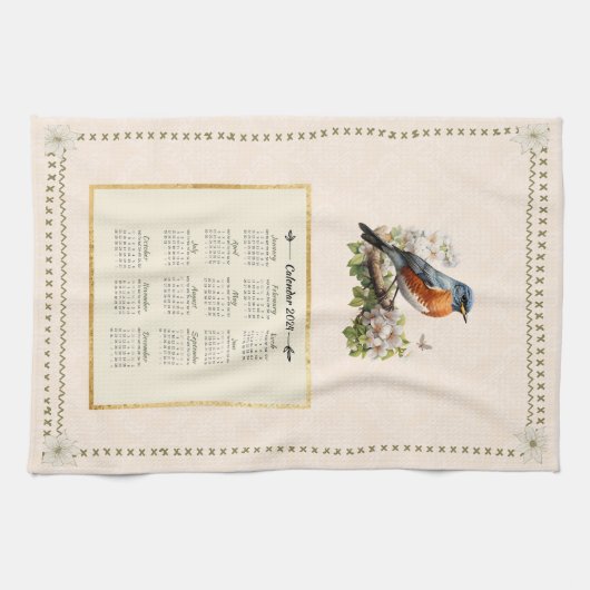 2024 Kalender Handdoek Robin Bird Peach Damask (Horizontaal)