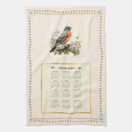 2024 Kalender Handdoek Robin Bird Peach Damask