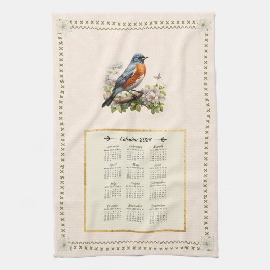 2024 Kalender Handdoek Robin Bird Peach Damask (Verticaal)