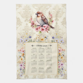 2024 Kalender Handdoek Sparrow met Wildbloemen