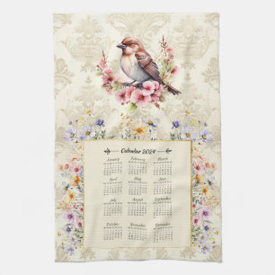 2024 Kalender Handdoek Sparrow met Wildbloemen